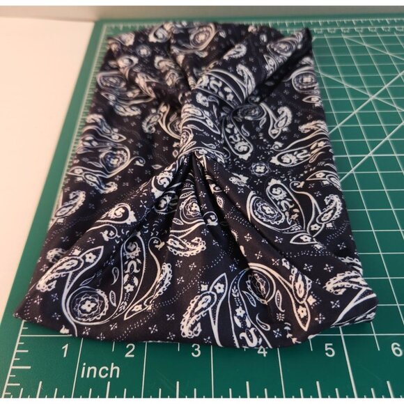Navy Blue Paisley Knit Headwrap Hairband Soft Stretchy Headband Unisex Sweatband - Picture 4 of 5